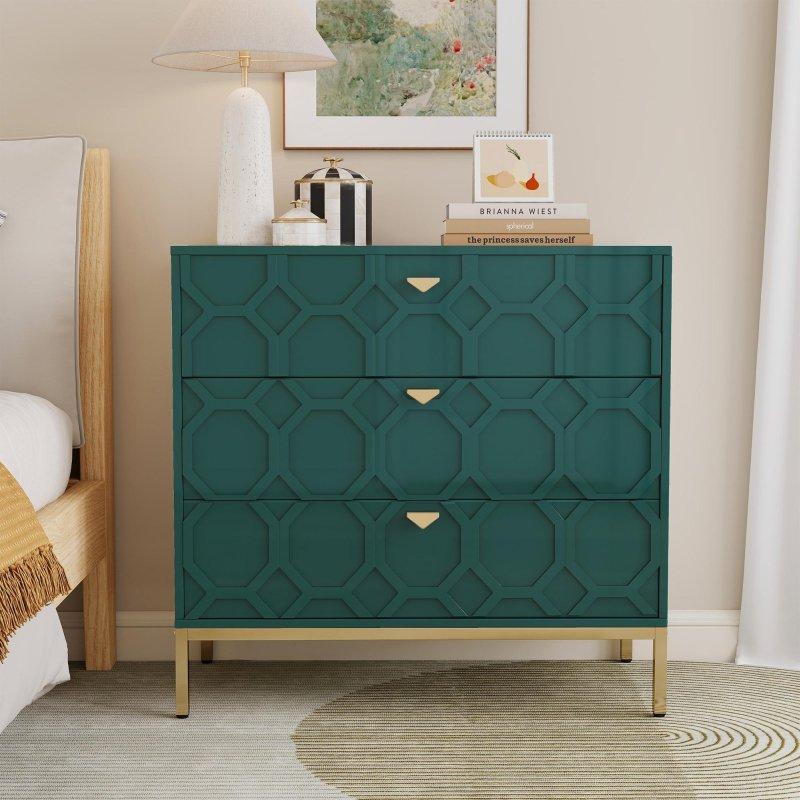 Siyah MDF 3 Çekmeceli Gold Metal Ayaklı Petek Desenli Şifonyer - 81x82x41 cm - 295545