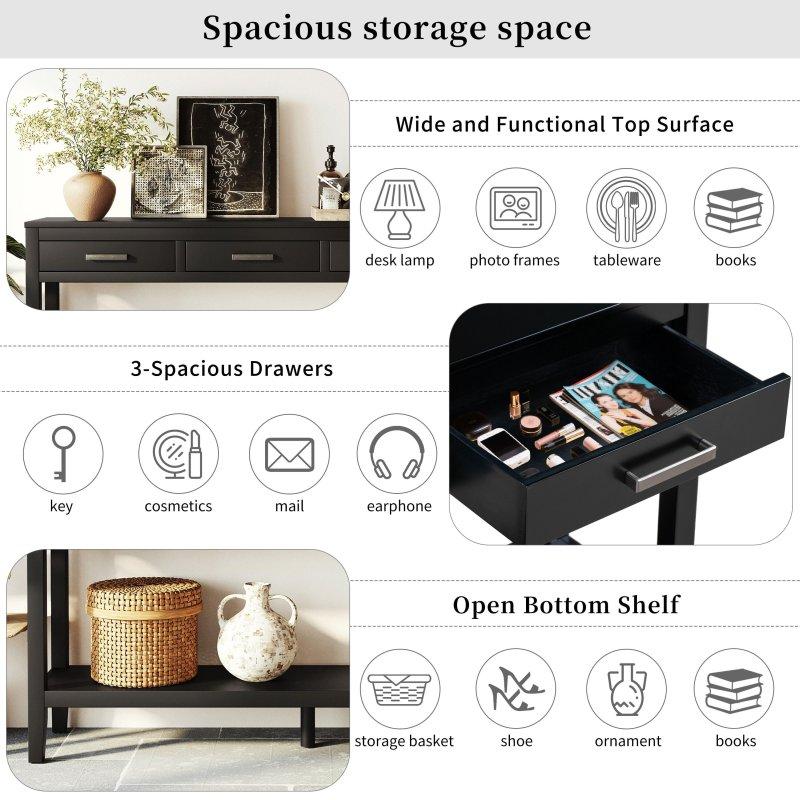 Siyah MDF 3 Çekmeceli ve Alt Raflı Kır Evi Tarzı Dresuar - 151 cm - 330714