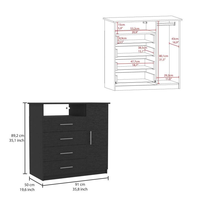 Siyah MDF 4 Çekmeceli Tek Kapaklı Açık Raflı Şifonyer - 91 cm - 301063