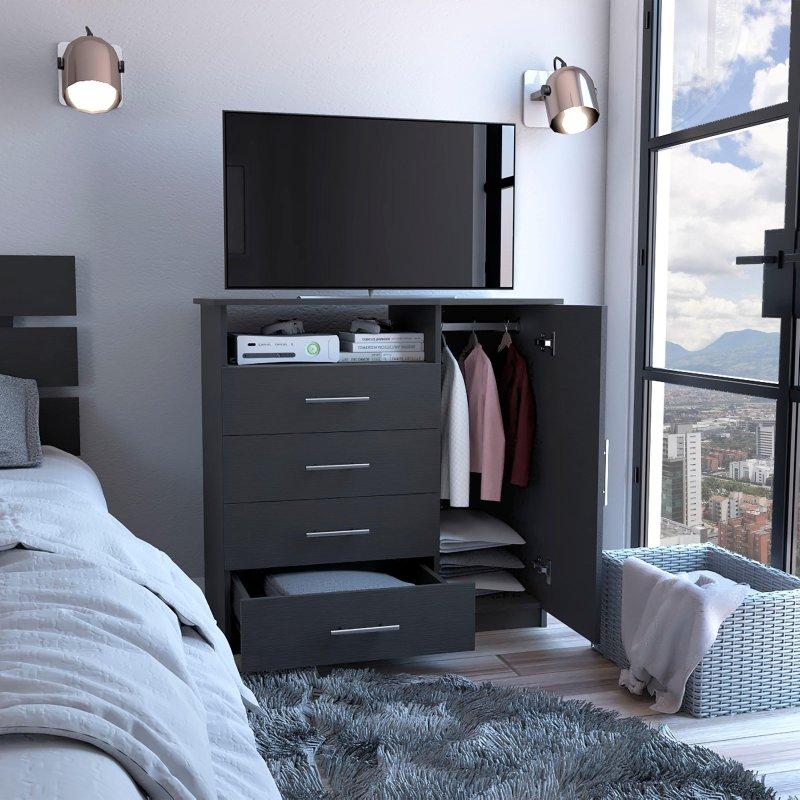Siyah MDF 4 Çekmeceli Tek Kapaklı Açık Raflı Şifonyer - 91 cm - 301063