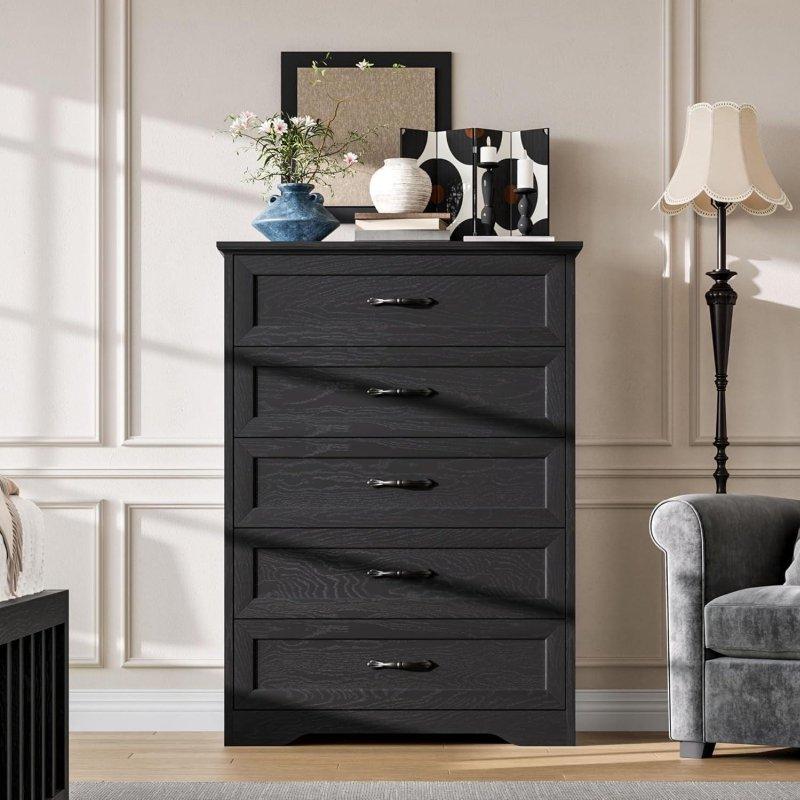 Siyah MDF 5 Çekmeceli Metal Kulplu Şifonyer - 81x40x112 cm - 311993