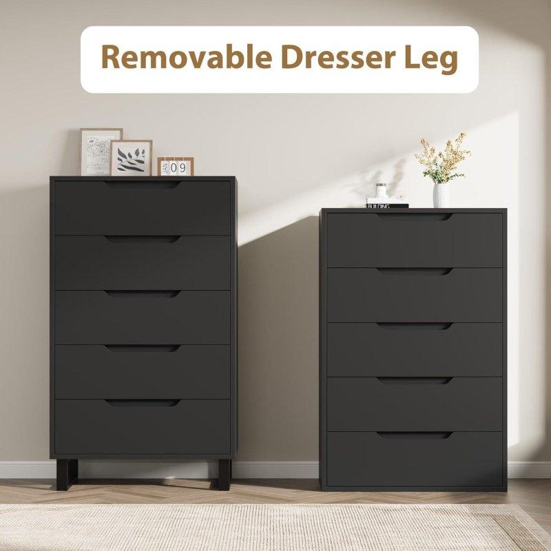 Siyah MDF 5 Çekmeceli Sökülebilir Ayaklı Şifonyer - 129 cm - 309333