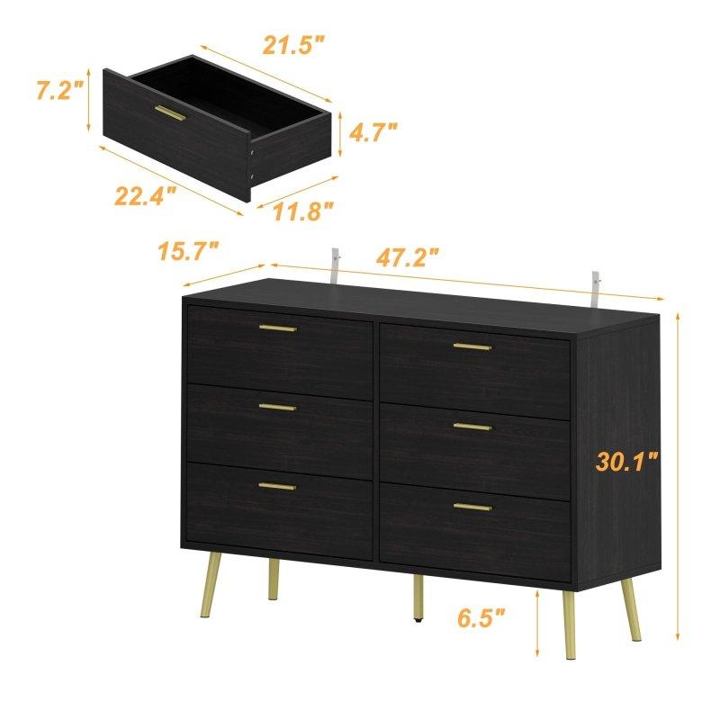 Siyah MDF 6 Çekmeceli Gold Metal Ayaklı ve Kulplu Şifonyer - 120x77x40 cm - 300299