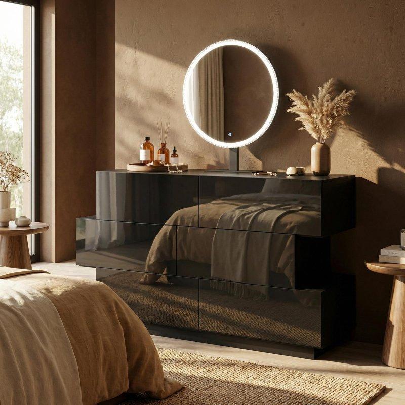 Siyah MDF 6 Çekmeceli LED Aynalı Şifonyer - 301675