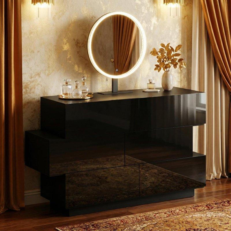 Siyah MDF 6 Çekmeceli LED Aynalı Şifonyer - 301675 Siyah MDF 6 Çekmeceli LED Aynalı Şifonyer - 301675