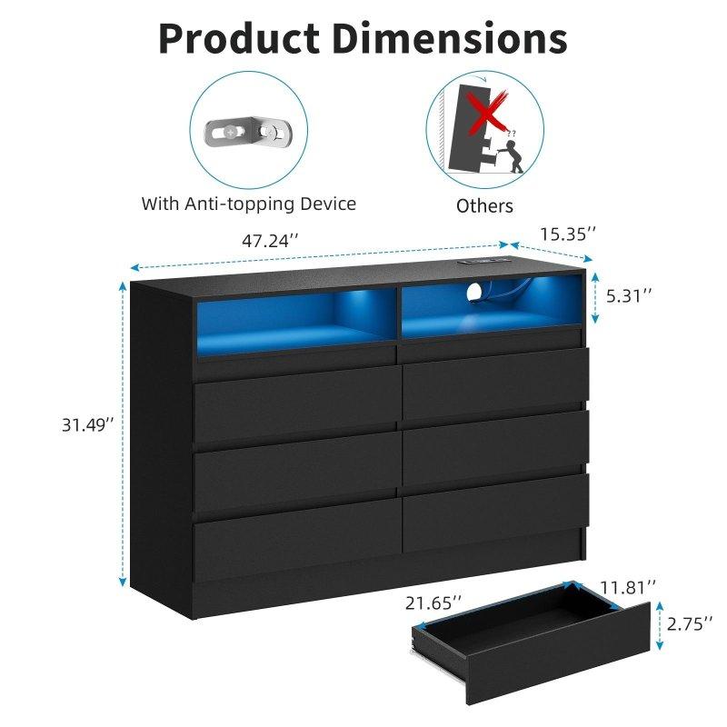 Siyah MDF 6 Çekmeceli LED Işıklı ve Şarj İstasyonlu Şifonyer - 297308