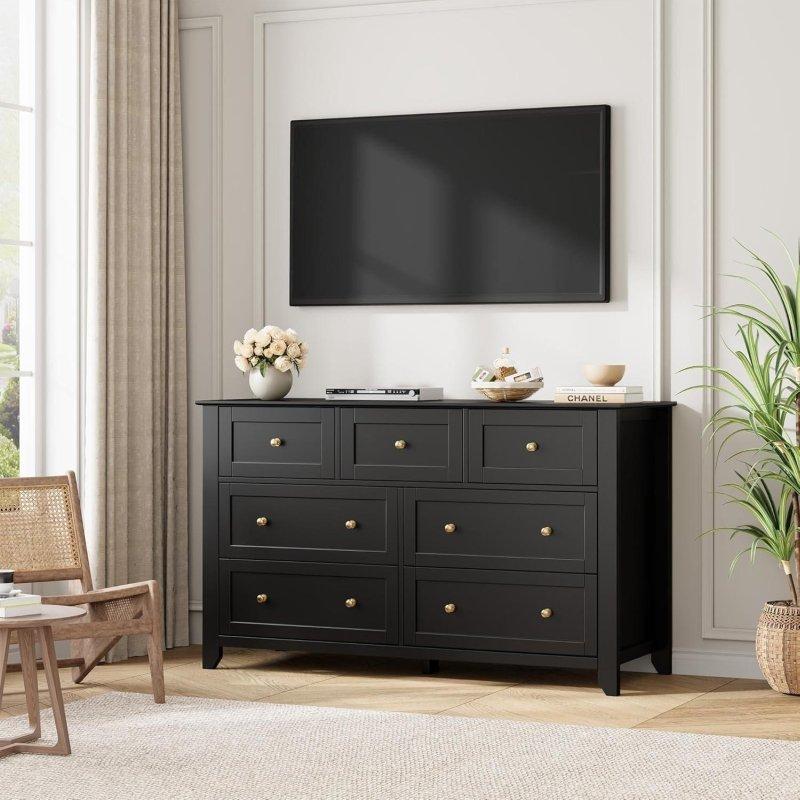 Siyah MDF 7 Çekmeceli Metal Kulplu Şifonyer - 138 cm - 308801