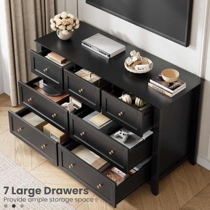 Siyah MDF 7 Çekmeceli Metal Kulplu Şifonyer - 138 cm - 308801