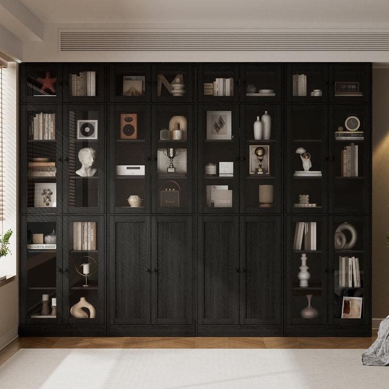 Siyah MDF 7 Raflı 3 Çekmeceli Cam Kapaklı Kitaplık - 221x241 cm - 238269