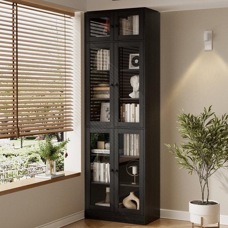 Siyah MDF 7 Raflı 3 Çekmeceli Cam Kapaklı Kitaplık - 221x241 cm - 238269