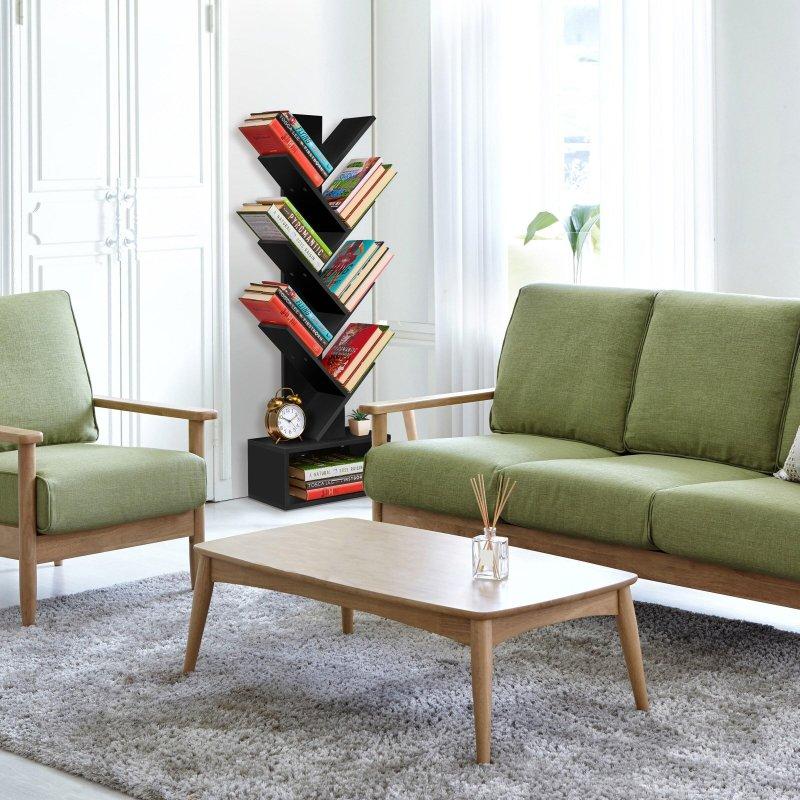 Siyah MDF 7 Raflı Çekmeceli Ağaç Tasarımlı Kitaplık - 320883