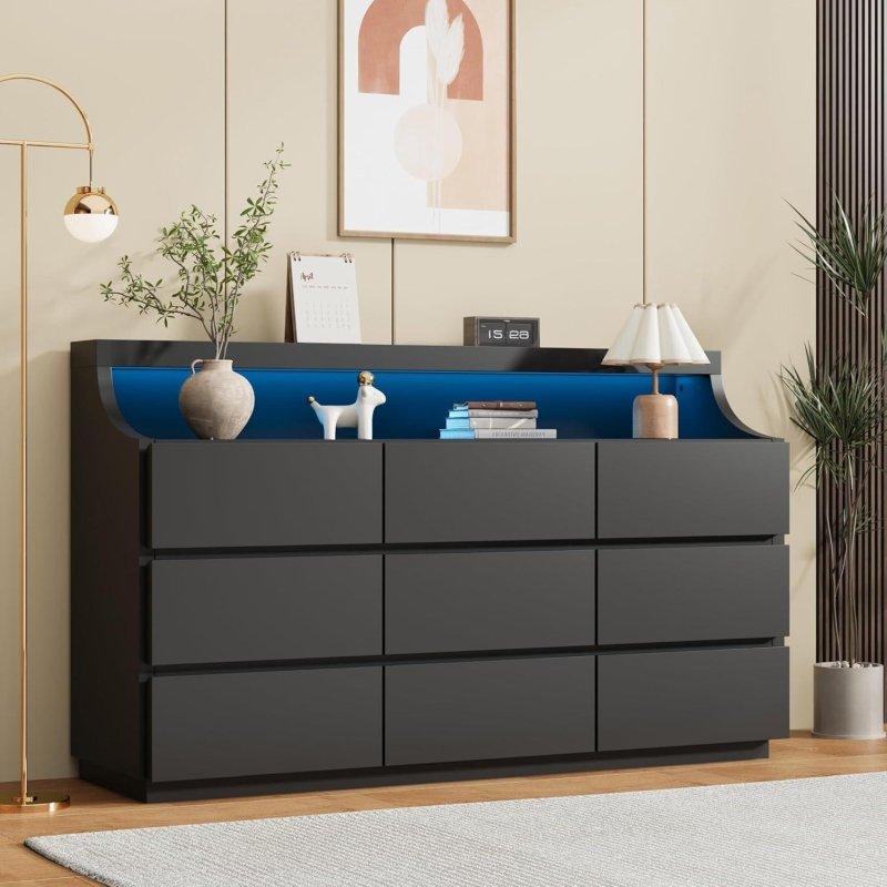 Siyah MDF 9 Çekmeceli LED Işıklı Şifonyer - 150 cm - 305112
