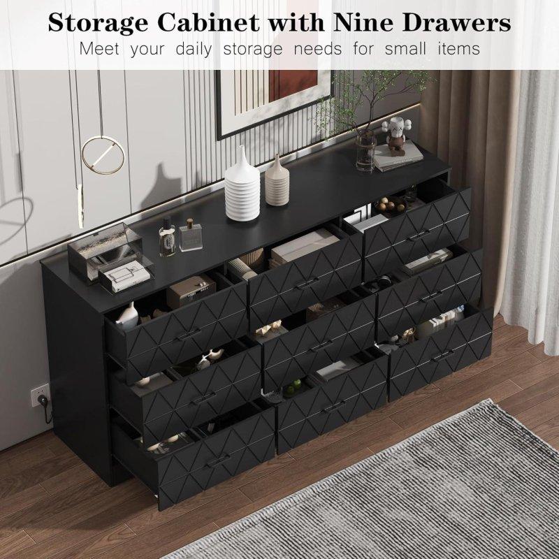 Siyah MDF 9 Çekmeceli Prizli Şifonyer - 160 cm - 304842