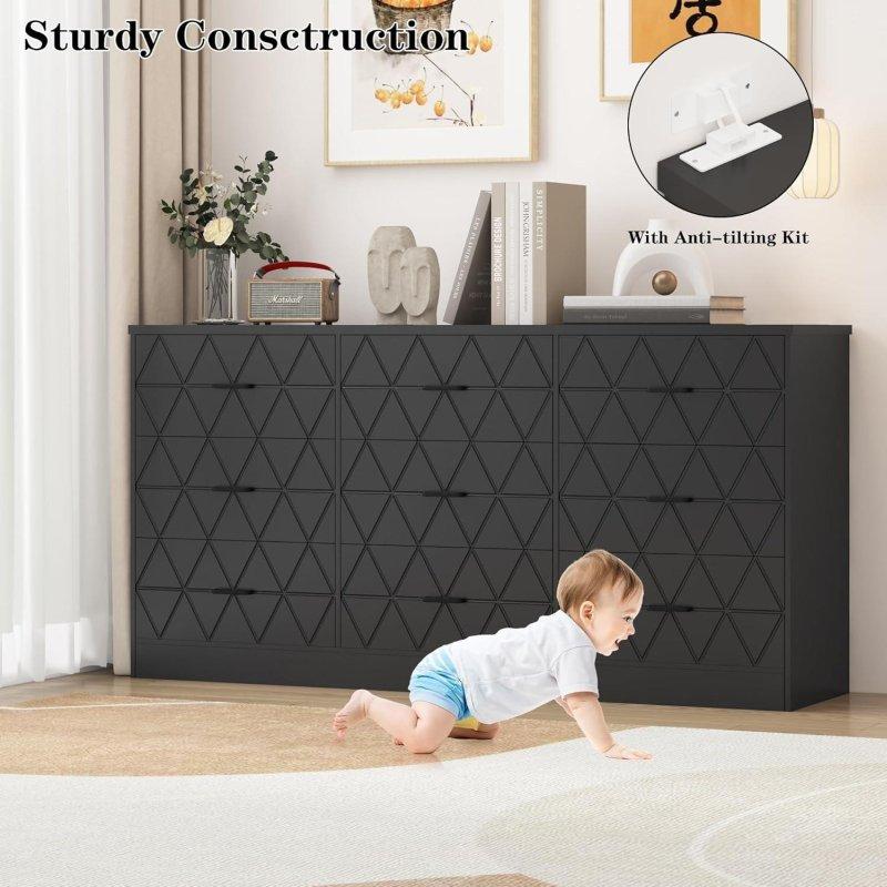 Siyah MDF 9 Çekmeceli Prizli Şifonyer - 160 cm - 304842