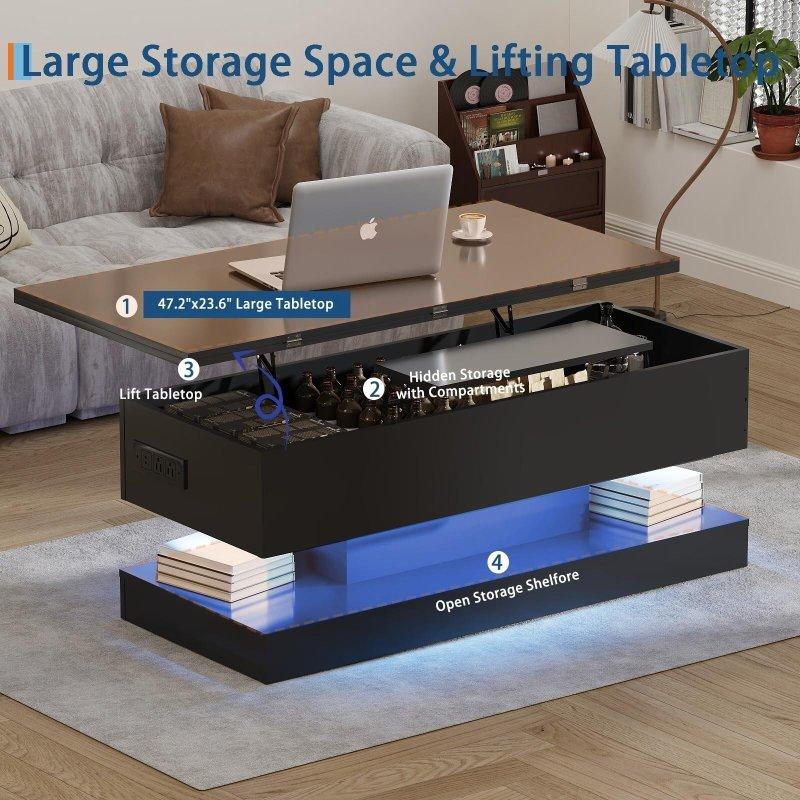 Siyah MDF Asansörlü LED Işıklı ve Şarj Üniteli Akıllı Sehpa - 120 cm - 253871