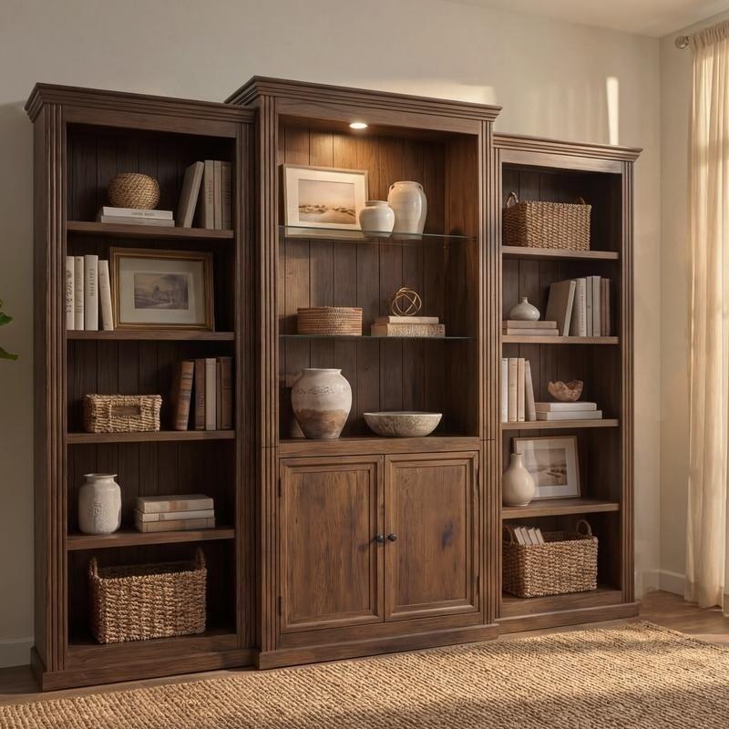 Siyah MDF Ayarlanabilir LED Aydınlatmalı 4 Raflı Cam Kapaklı Kitaplık - 221x201x43 cm - 239193