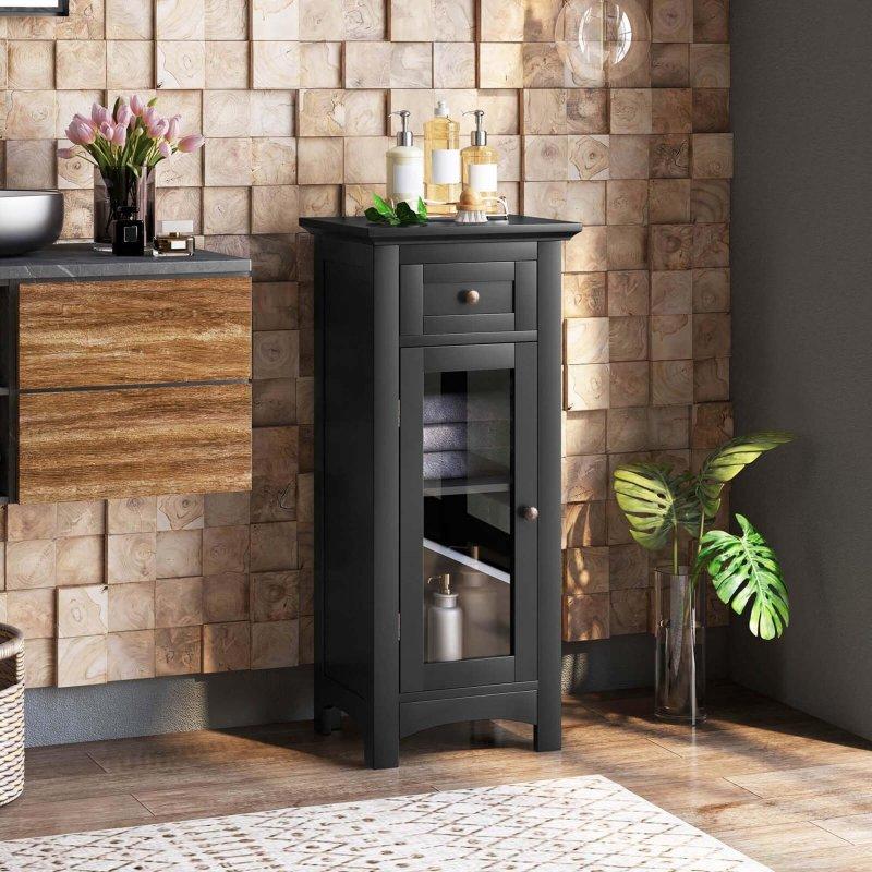 Siyah MDF Cam Kapaklı Çekmeceli Çok Amaçlı Banyo Dolabı - 32x39x88 cm - 333876