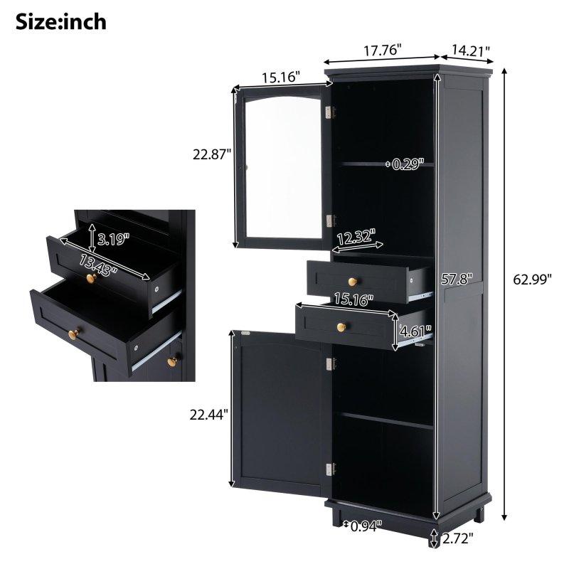 Siyah MDF Cam Kapaklı ve 2 Çekmeceli Çok Amaçlı Banyo Dolabı - 46x37x160 cm - 334386