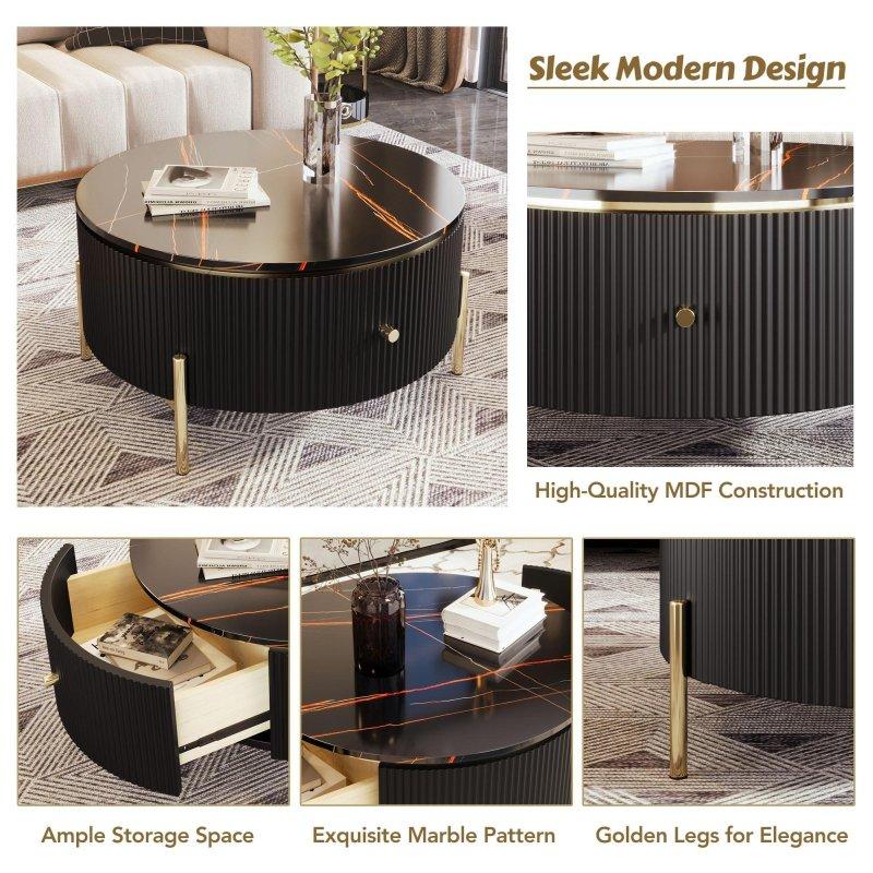 Siyah MDF Çekmeceli Gold Metal Ayaklı Yuvarlak Orta Sehpa - 81x43 cm - 241689