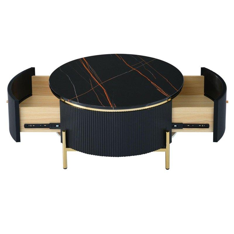 Siyah MDF Çekmeceli Gold Metal Ayaklı Yuvarlak Orta Sehpa - 81x43 cm - 241689