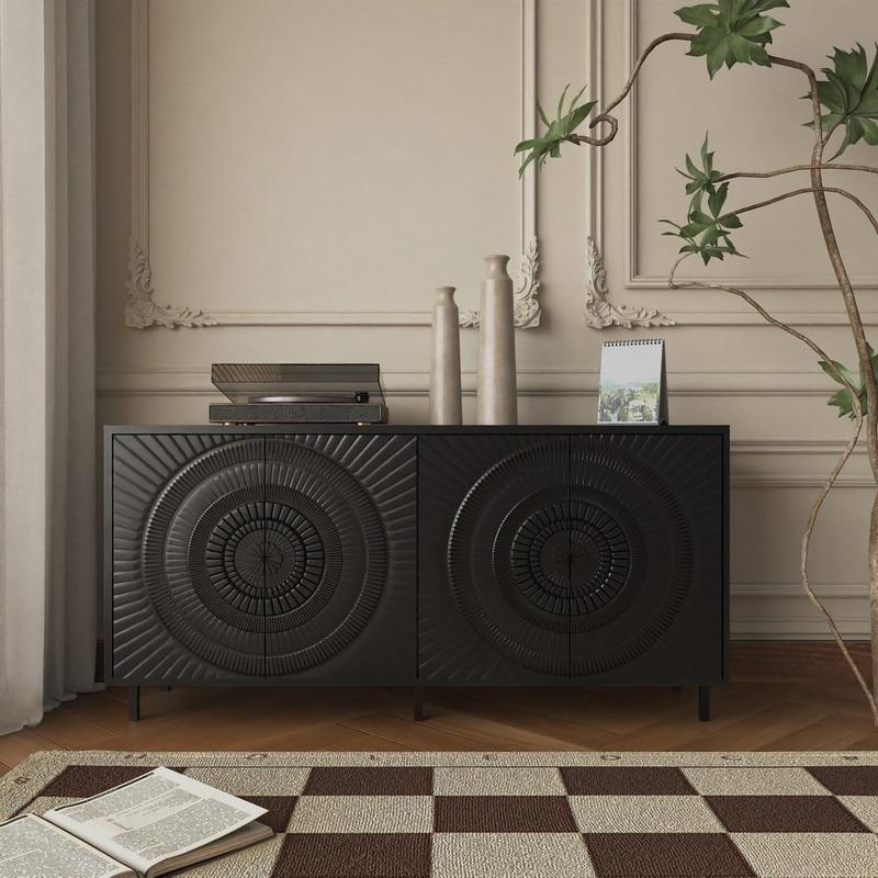 Siyah MDF Çiçek Oymalı Dört Kapaklı Bohem Konsol - 154 cm - 325390