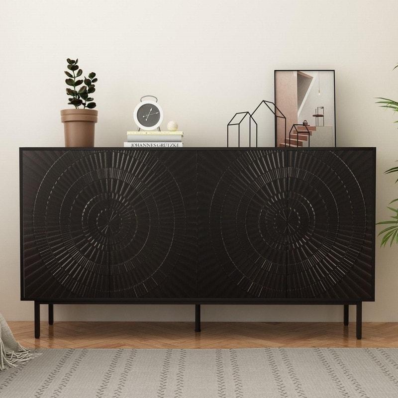 Siyah MDF Çiçek Oymalı Dört Kapaklı Bohem Konsol - 154 cm - 325390