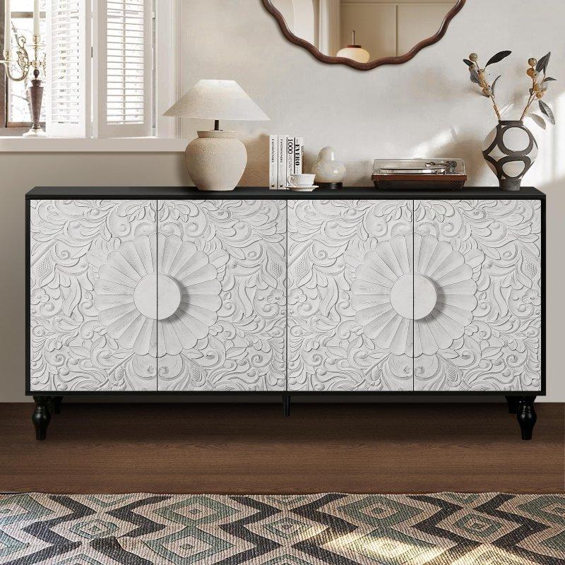 Siyah MDF Çiçek Oymalı Raflı Bohem Konsol - 160x41x82 cm - 325442