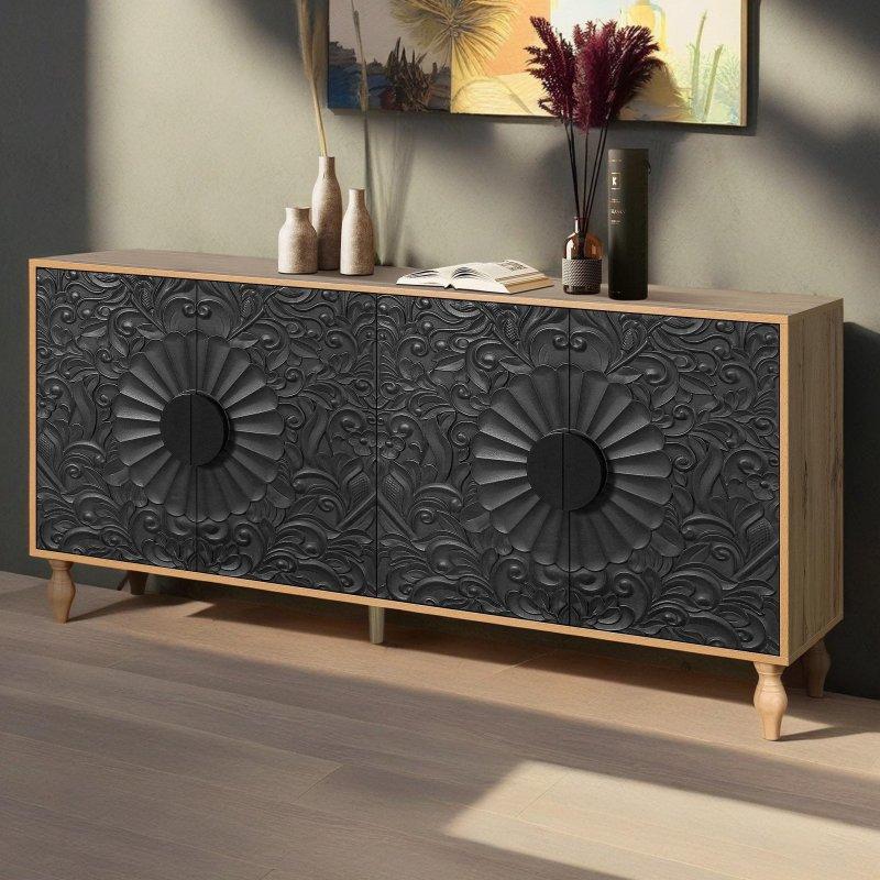 Siyah MDF Çiçek Oymalı Raflı Bohem Konsol - 160x41x82 cm - 325442 Siyah MDF Çiçek Oymalı Raflı Bohem Konsol - 160x41x82 cm - 325442