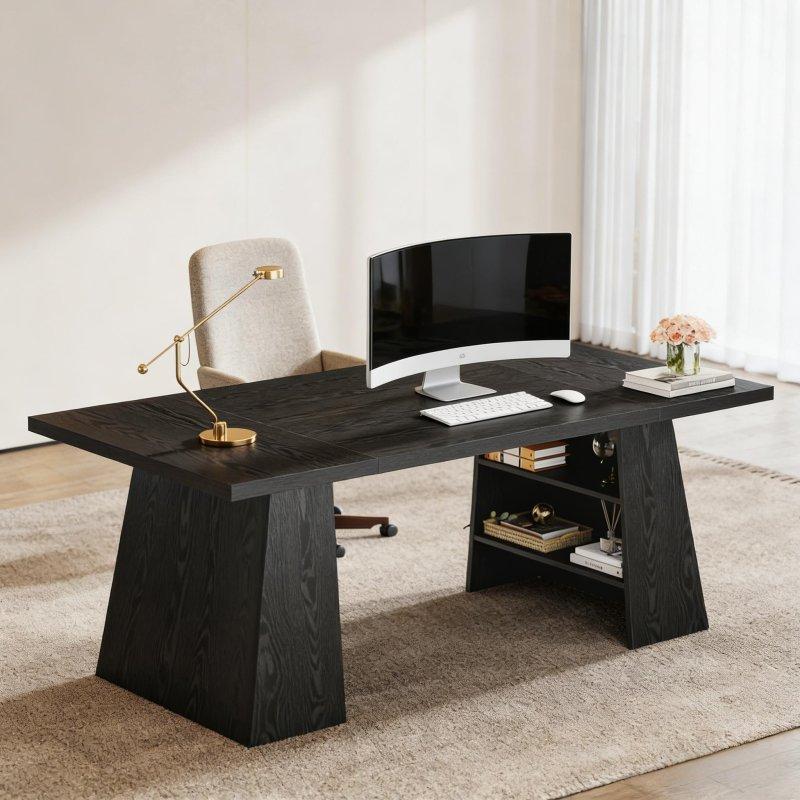 Siyah MDF Çift Ayaklı Raflı Ofis Masası - 161x81 cm - 326717