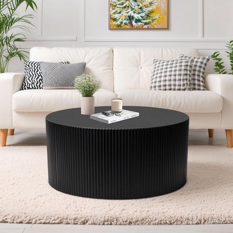Siyah MDF Dalga Desenli Kabartma Detaylı Yuvarlak Orta Sehpa - 91x41 cm - 245476