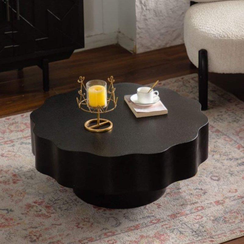 Siyah MDF Dalgalı Kenarlı Kaide Ayaklı Yuvarlak Orta Sehpa - 81x36 cm - 240449
