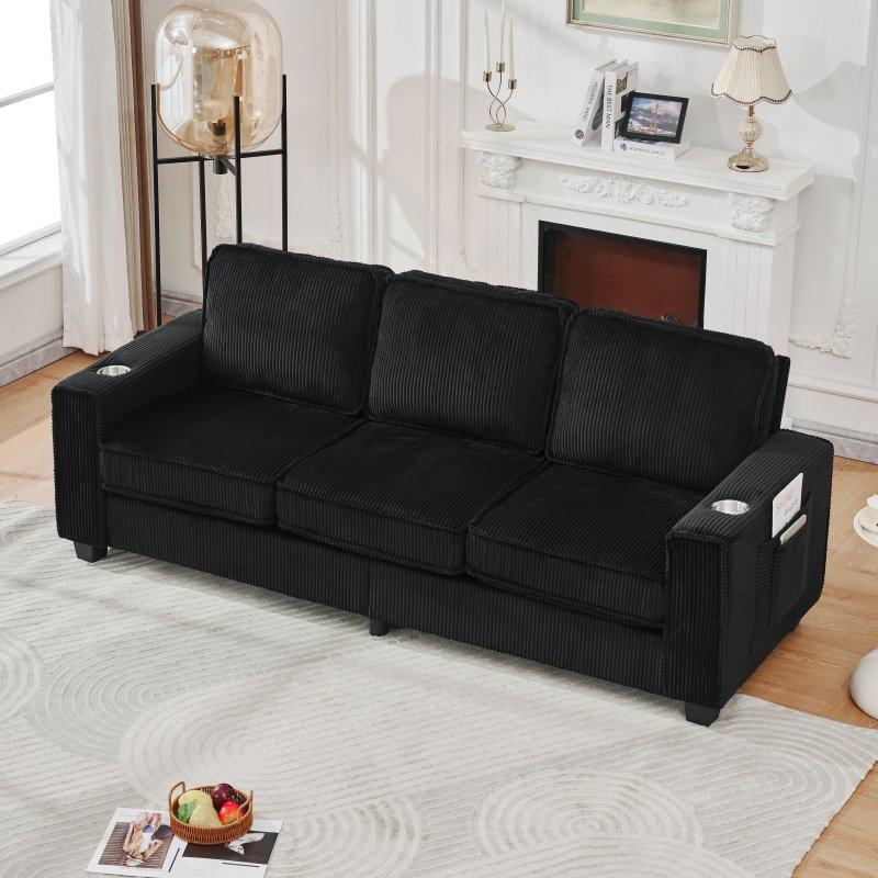 Siyah MDF Fitilli Kumaş 3 Kişilik Bardaklıklı Cepli Bohem Koltuk - 214 cm - 290550