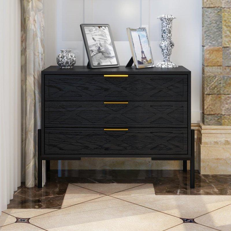 Siyah MDF Geometrik Desenli Gold Kulplu 3 Çekmeceli Şifonyer - 76x40x60 cm - 306447