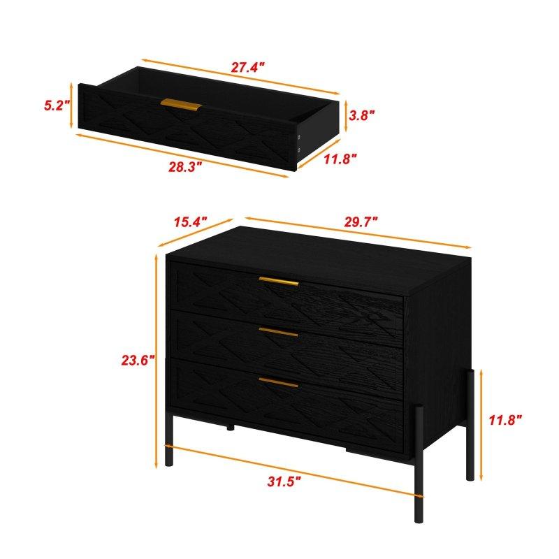 Siyah MDF Geometrik Desenli Gold Kulplu 3 Çekmeceli Şifonyer - 76x40x60 cm - 306447