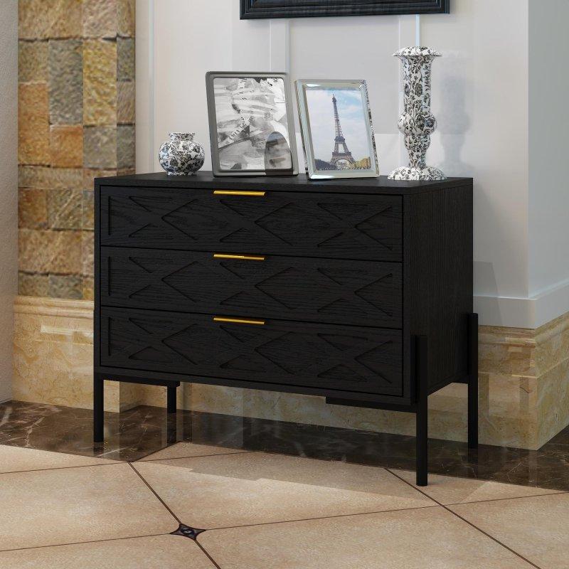 Siyah MDF Geometrik Desenli Gold Kulplu 3 Çekmeceli Şifonyer - 76x40x60 cm - 306447