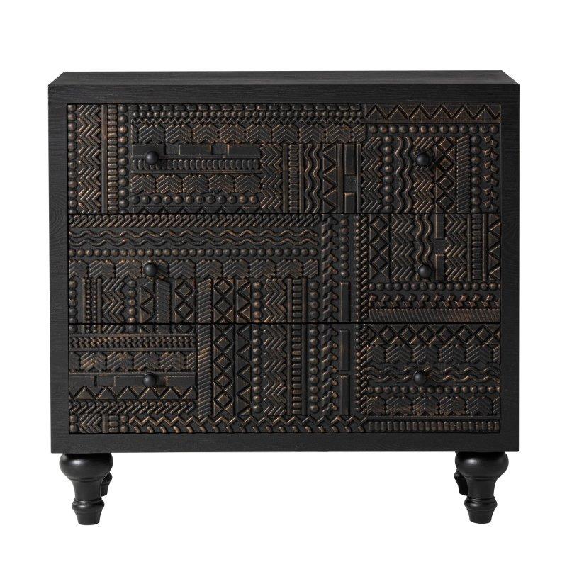 Siyah MDF Geometrik Oymalı 3 Çekmeceli Bohem Şifonyer - 68x71x48 cm - 308822