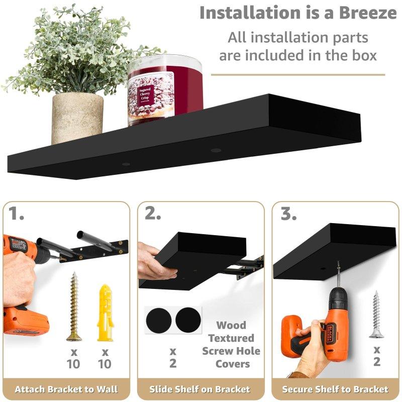 Siyah MDF Gizli Braketli Duvara Monte 3lü Set Kitaplık - 61x24 cm - 320264