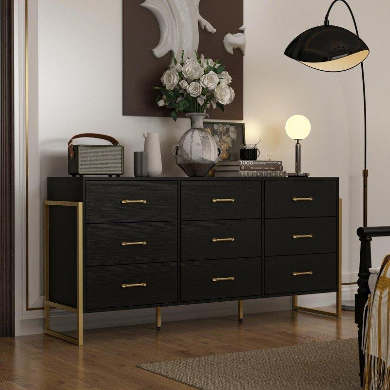 Siyah MDF Gold Detaylı 9 Çekmeceli Çizgili Şifonyer - 156x76x40 cm - 296146