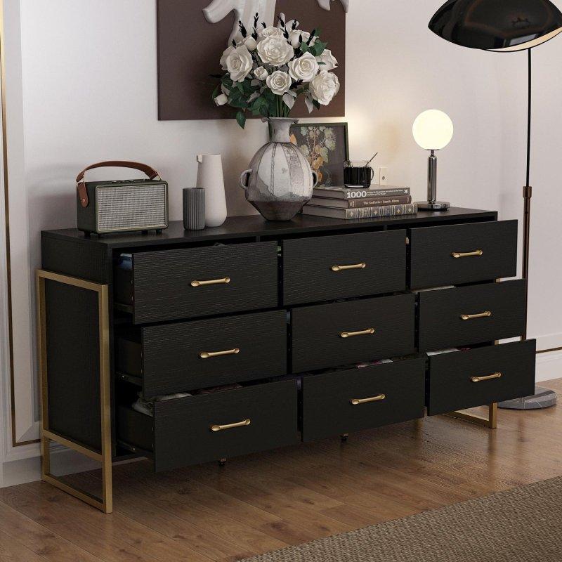 Siyah MDF Gold Detaylı 9 Çekmeceli Çizgili Şifonyer - 156x76x40 cm - 296146