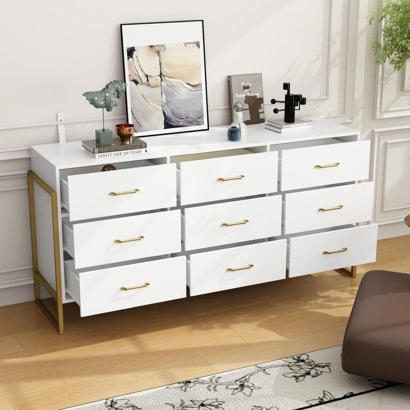 Siyah MDF Gold Detaylı 9 Çekmeceli Çizgili Şifonyer - 156x76x40 cm - 296146