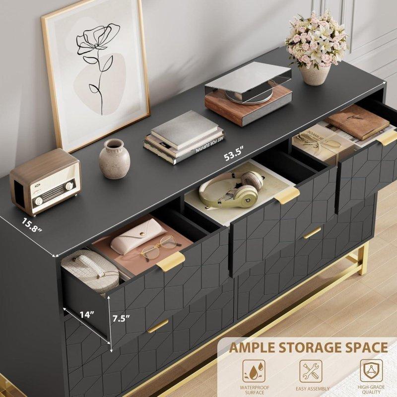 Siyah MDF Gold Kulplu 7 Çekmeceli Şifonyer - 136x41x81 cm - 310000