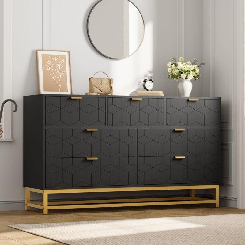 Siyah MDF Gold Kulplu 7 Çekmeceli Şifonyer - 136x41x81 cm - 310000