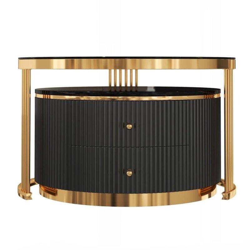 Siyah MDF Gold Metal Ayaklı 2li İç İçe Geçen Çekmeceli Yuvarlak Orta Sehpa - 241609