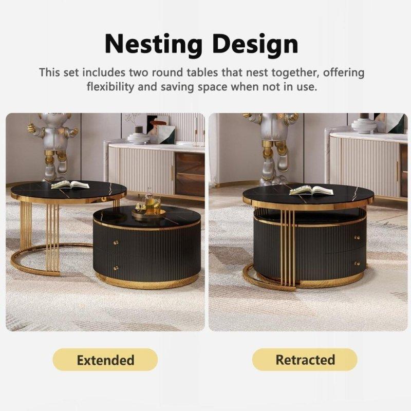 Siyah MDF Gold Metal Ayaklı 2li İç İçe Geçen Çekmeceli Yuvarlak Orta Sehpa - 241609