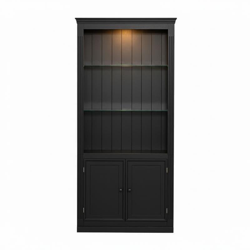 Siyah MDF Kapaklı ve LED Aydınlatmalı Country Tarzı Cam Raflı Kitaplık - 91x201 cm - 316694