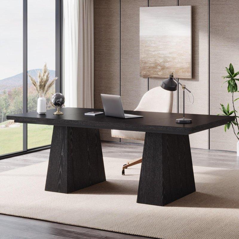 Siyah MDF Kavisli Kenarlı Ahşap Ayaklı Ofis Masası - 161x79 cm - 328074
