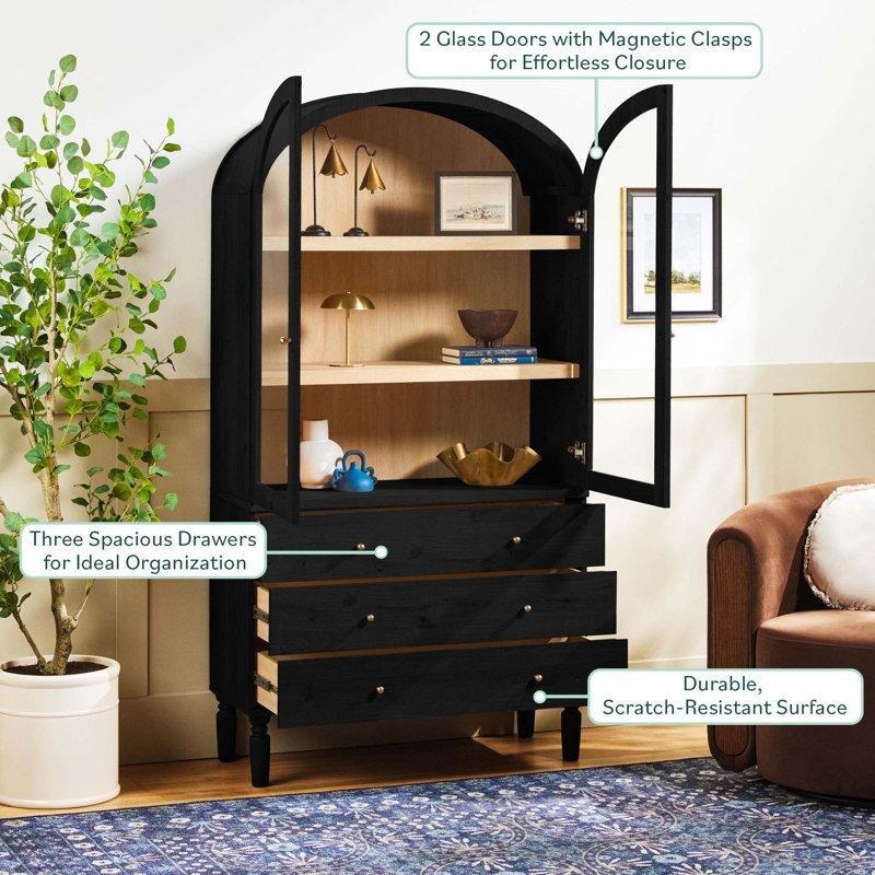 Siyah MDF Kemerli Çekmeceli Cam Kapaklı Kitaplık - 188 cm - 238528