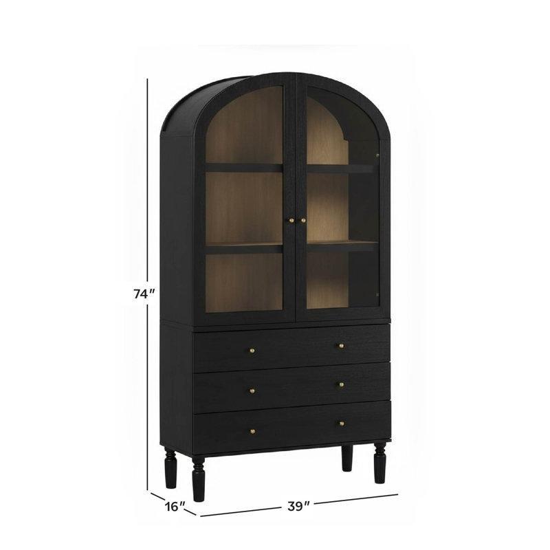 Siyah MDF Kemerli Çekmeceli Cam Kapaklı Kitaplık - 188 cm - 238528