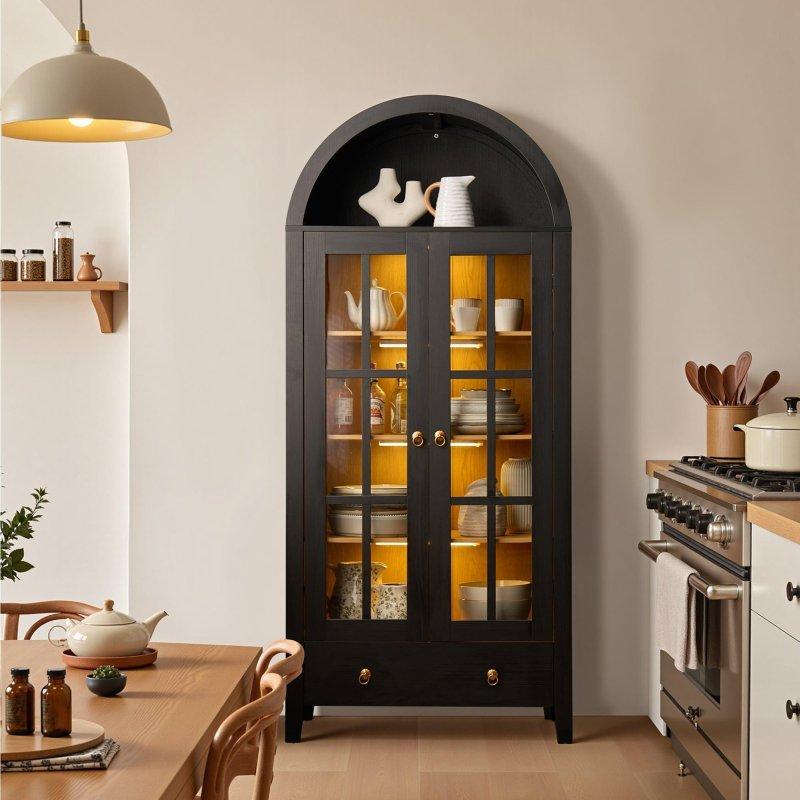 Siyah MDF Kemerli Tasarım LED Aydınlatmalı Çekmeceli Cam Kapaklı Kitaplık - 80x41x181 cm - 239215
