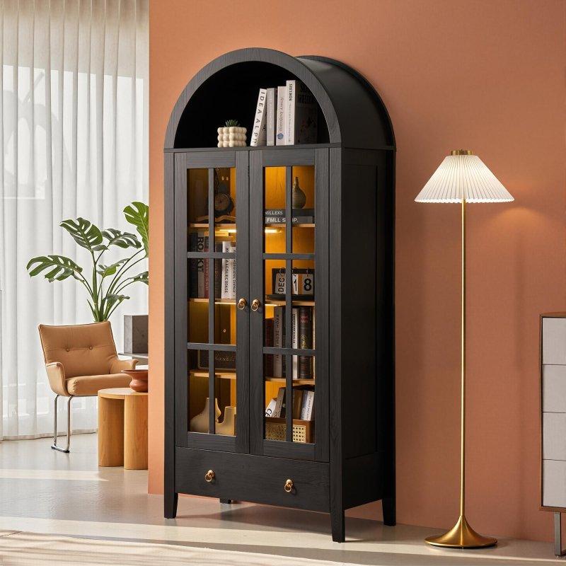 Siyah MDF Kemerli Tasarım LED Aydınlatmalı Çekmeceli Cam Kapaklı Kitaplık - 80x41x181 cm - 239215